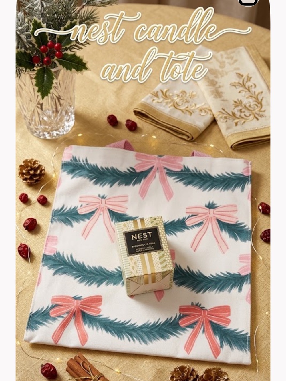Nest  Birchwood Pine Candle and Pink Bow Accent Tote nwt 2 pc holiday